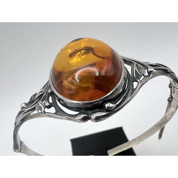 Vintage Art Nouveau Style Baltic Amber Sterling Silver Hinged Bangle Bracelet - Picture 8 of 16